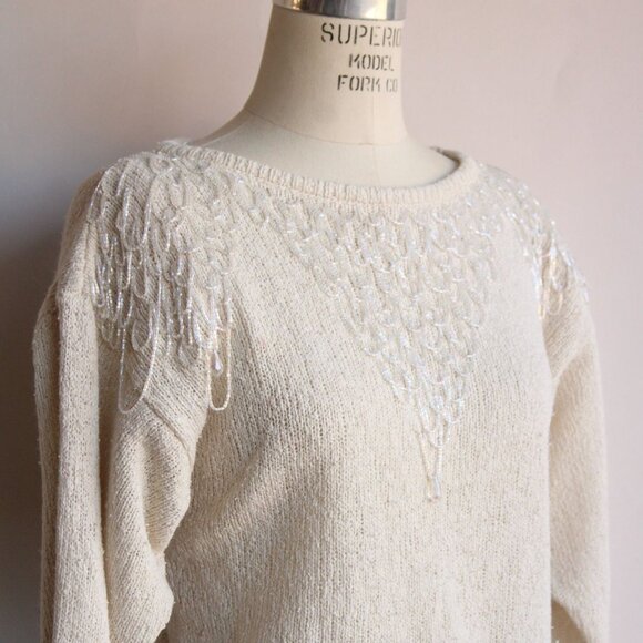 Vintage 1980s Sweater, Bonnie Boerer Ivory Pullover with Fringed Beading, - Picture 5 of 10